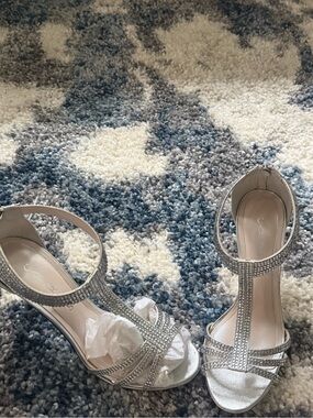 Caparros Silver T-Strap Espadrille Sandals with Rhinestone Straps